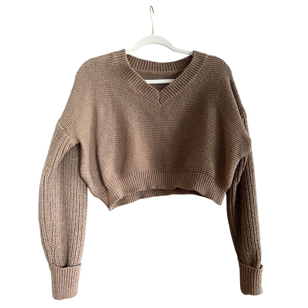V-Neck Knit Cropped Sweater Pullover Long Sleeve Casual‎ Chic
